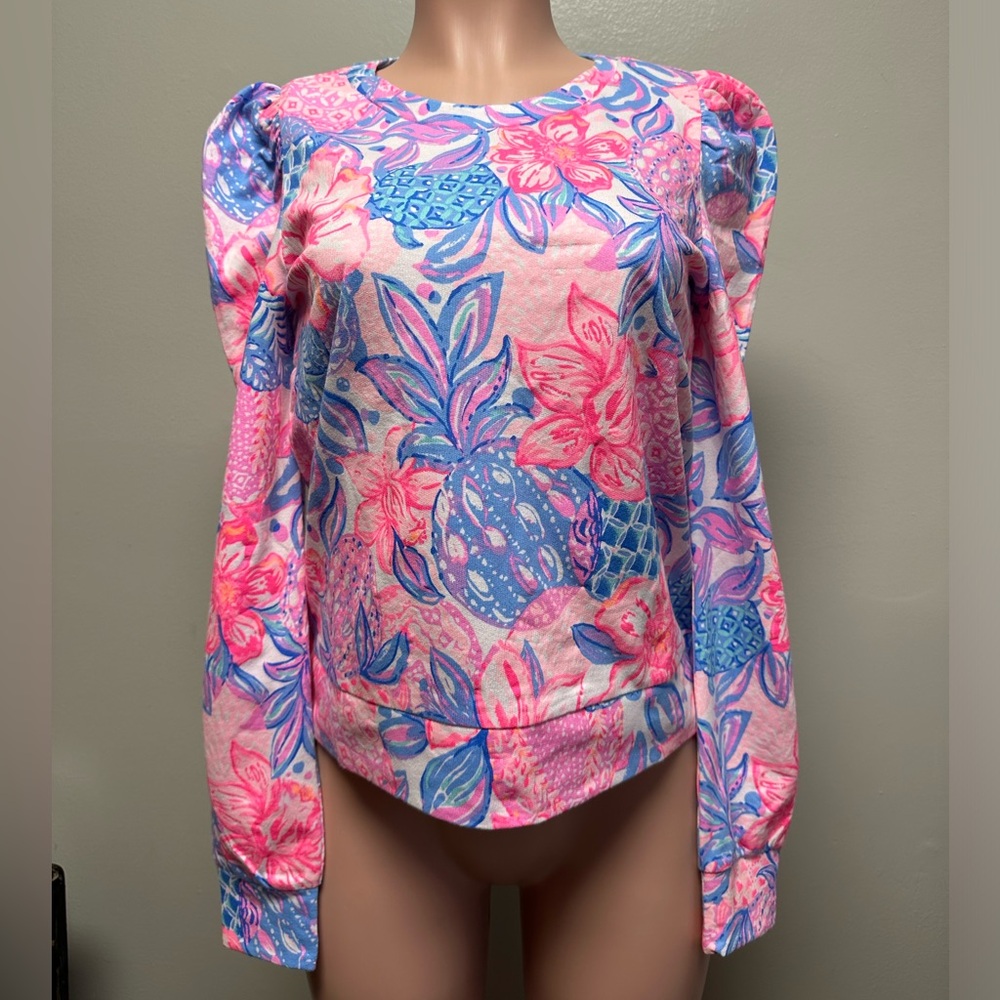 Lilly Pulitzer Pink Blue Floral Pineapple Puff Sleeve Sweatshirt